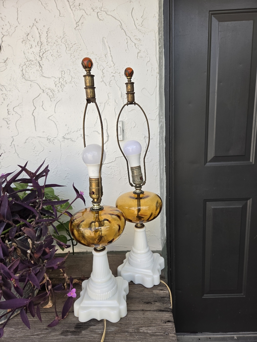 Vintage Amber Glass and White Milk Glass Table Lamp Pair
